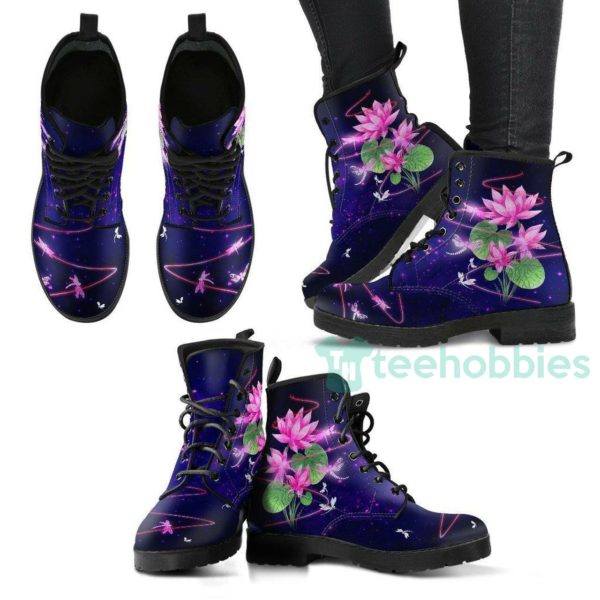 dragonfly with lotus flower handcrafted leather boots shoes 1 amQUF 600x600px Dragonfly With Lotus Flower Handcrafted Leather Boots Shoes