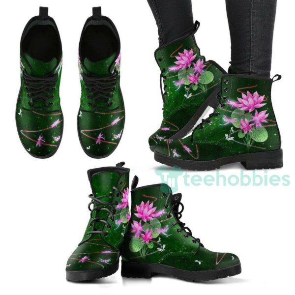 dragonfly with lotus pink flower handcrafted leather boots shoes 1 FjsvM 600x600px Dragonfly With Lotus Pink Flower Handcrafted Leather Boots Shoes