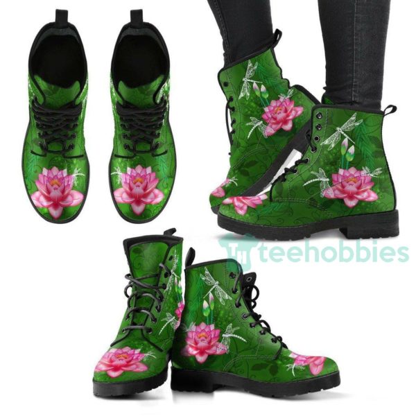 green dragonfly with lotus flower handcrafted leather boots shoes 1 gjXre 600x600px Green Dragonfly With Lotus Flower Handcrafted Leather Boots Shoes