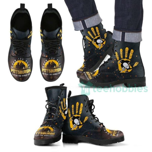pittsburgh penguins black leather boots shoes 1 ylzxV 600x600px Pittsburgh Penguins Black Leather Boots Shoes
