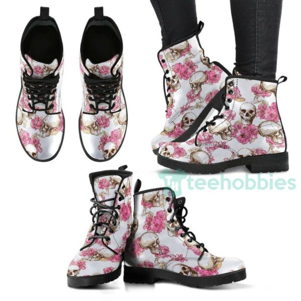 skull with pink flowers leather boots shoes 1 KrpdR 600x600px Skull With Pink Flowers Leather Boots Shoes