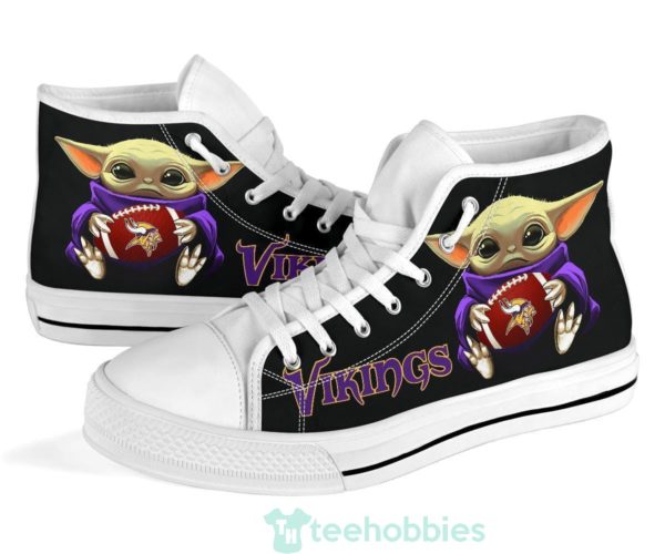 vikings cute baby yoda high top shoes fan gift 1 NGyrH 600x500px Vikings Cute Baby Yoda High Top Shoes Fan Gift