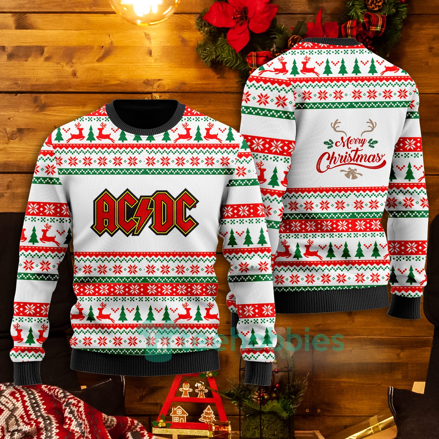 AcDc Christmas Over All White Christmas Sweater Mery Printed