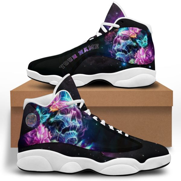 Custom Name Halloween Skull Butterfly Air Jordan 13 Shoes - Men's Air Jordan 13 - Black