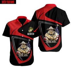 Custom Name Marine Devil Dog Hawaiian Shirt Beach Shorts - Hawaiian Shirt - Black