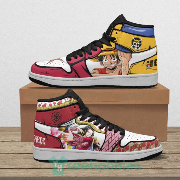 luffy and boa hancock anime custom one piece air jordan hoghtop shoes 1 zZa37 600x600px Luffy And Boa Hancock Anime Custom One Piece Air Jordan Hoghtop Shoes