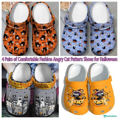 4 Pairs of Comfortable Fashion Angry Cat Pattern Shoes for Halloween