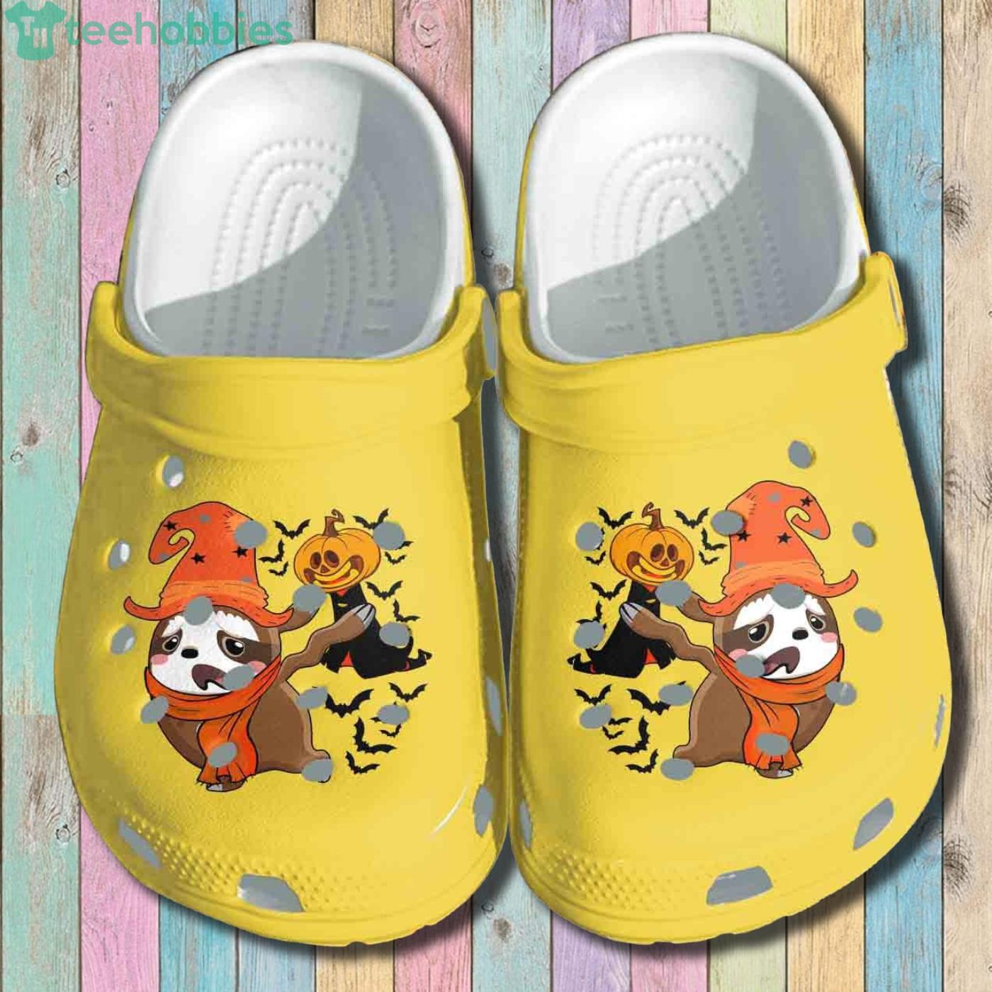 Mom And Baby Sloth Playing With Pumpkin Shoes Clog Halloween Style