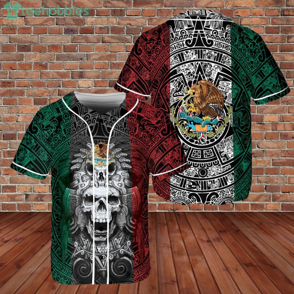 Custom Name Mexico Aztec Warrior Skull Flag Jersey Baseball Shirt Product Photo 1