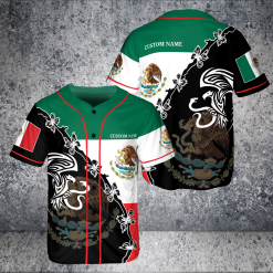 Custom Name Mexico National Emblem Eagle Holding Snake Flag Jersey Baseball Shirt Product Photo 1