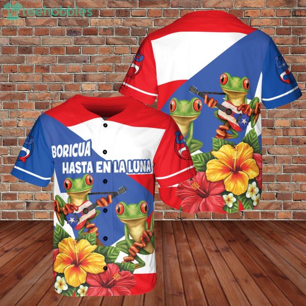 Custom Name Puerto Rico Flag Floral Flogs Playingguitar Jersey Baseball Shirt Product Photo 1