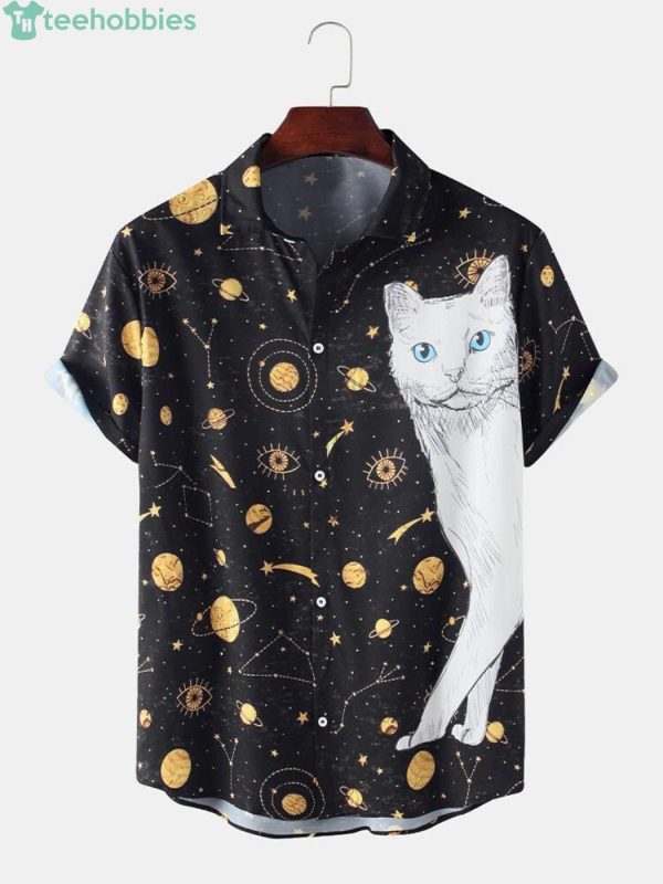 Fun Star & White Cat Black Short Sleeves Hawaiian Shirtproduct photo 1