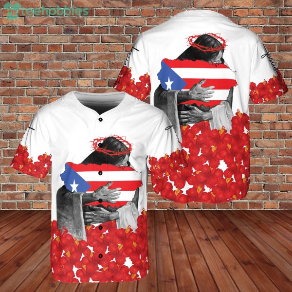 God Hubs Loves Puerto Rico Flag Hawaii Floral Jersey Baseball Shirt Product Photo 1
