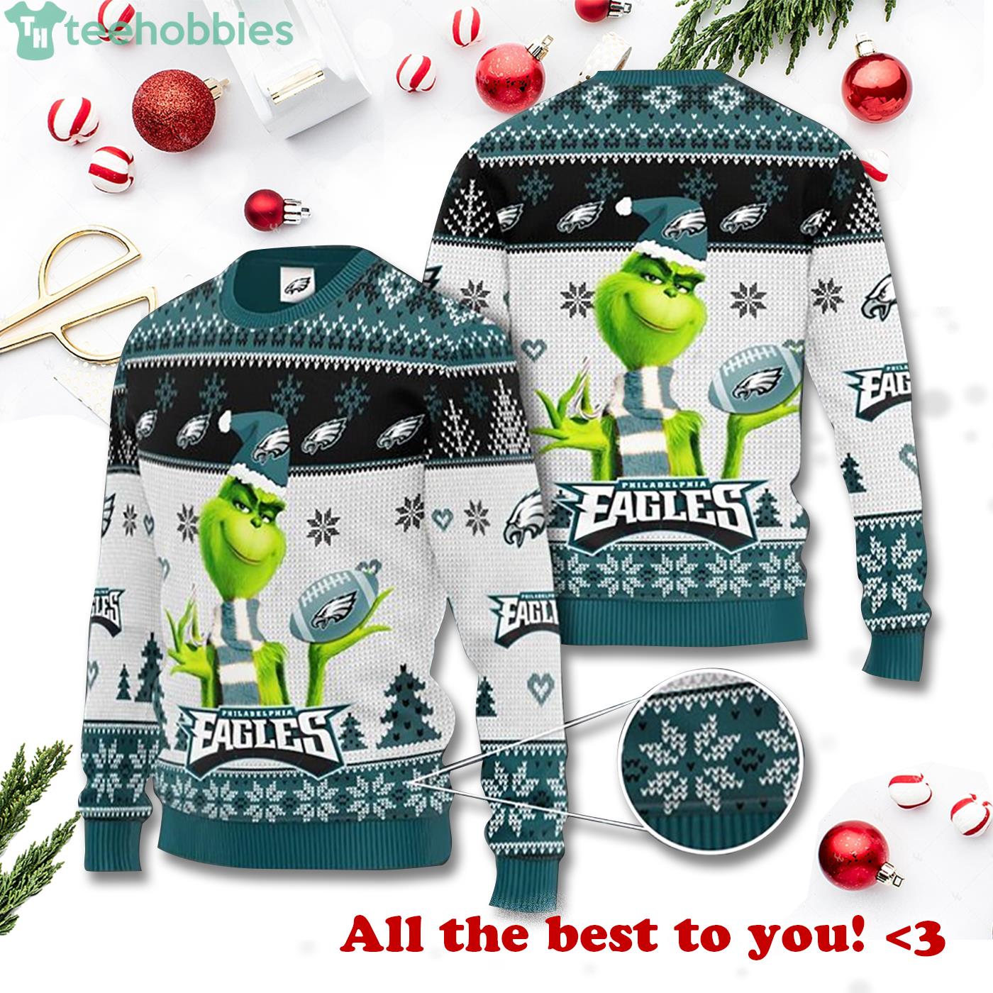 Grinch Philadeiphia Eagles 3D Christmas Sweater Product Photo 1