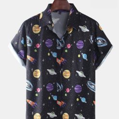 Lovely Funny Star Spaceship Cartoon Short Sleeves Hawaii Shirtproduct photo 1