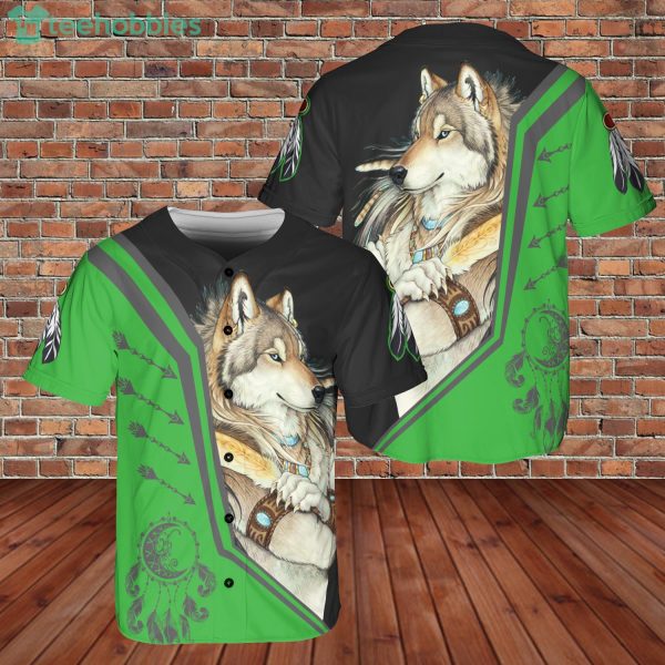 Native Wolf Dreamcatcher Green Black Style Baseball Jersey Shir Product Photo 1