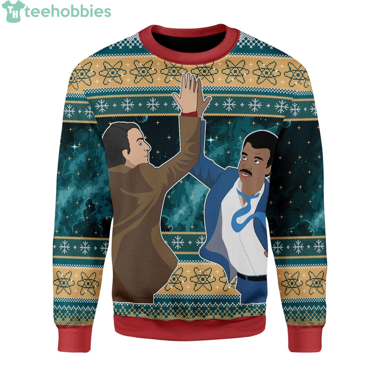 Neil High Fiving Carl Sagan Ugly Christmas Sweater Product Photo 1 Neil High Fiving Carl Sagan Ugly Christmas Sweater Product Photo 1