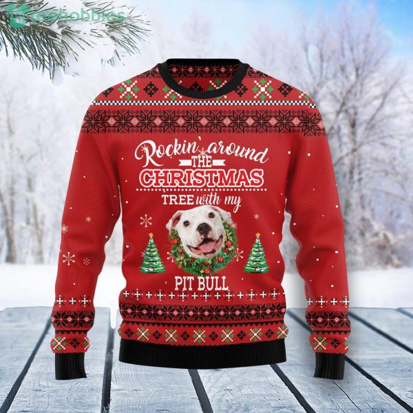 Pit Bull Rockin’ Around The Christmas Ugly Christmas Holiday Sweater Product Photo 1