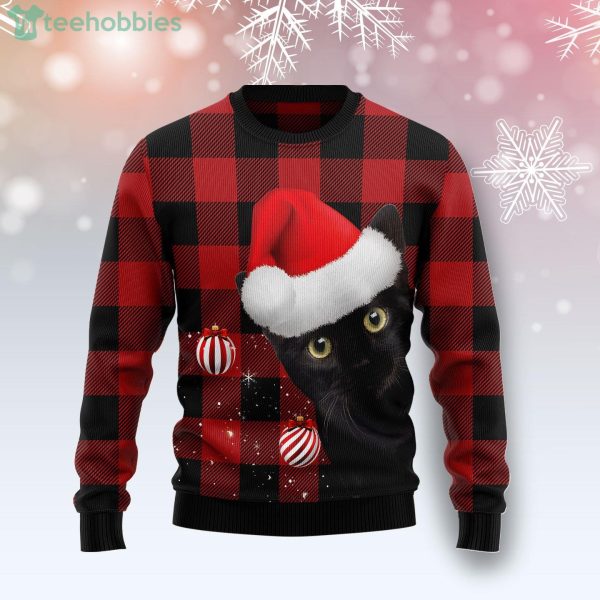 Plaid Pattern Black Cat Lover Ugly Christmas Sweater Product Photo 1