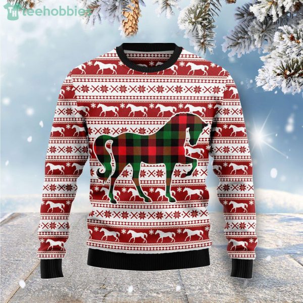 Plaid Pattern Horse Lover Ugly Christmas Holiday Sweater Product Photo 1
