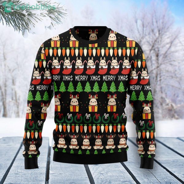 Rabbit Christmas Symbols All Over Print Ugly Christmas Sweater Product Photo 1