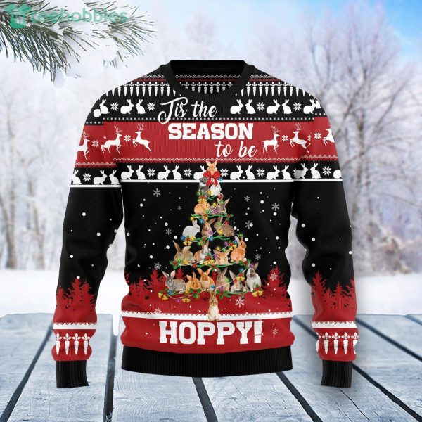 Rabbit Christmas Tree Tis The Season To be Hoppy Ugly Christmas Sweater Product Photo 1