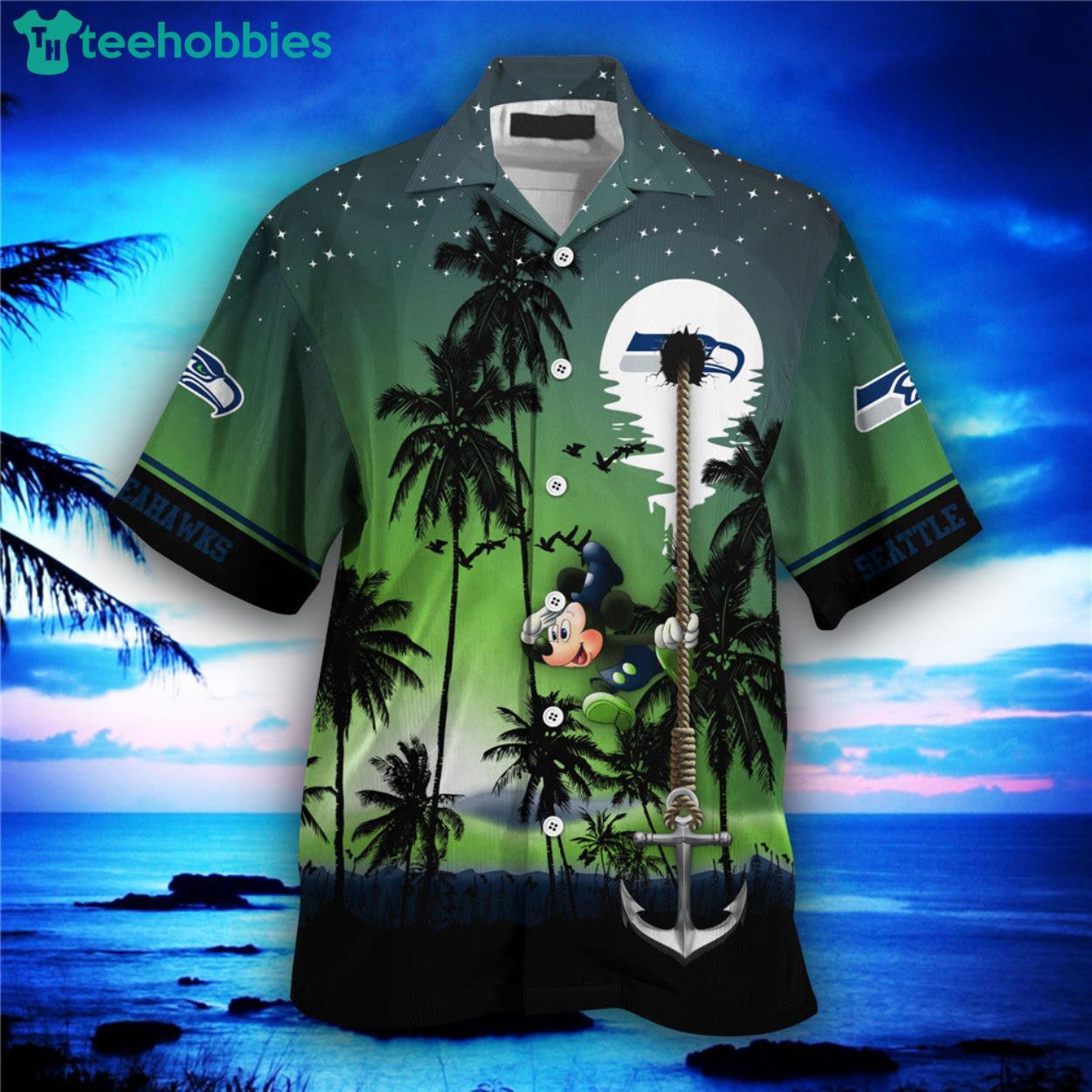 Seattle Seahawks Mickey And Beach Night Hawaiian Shirt Product Photo 1