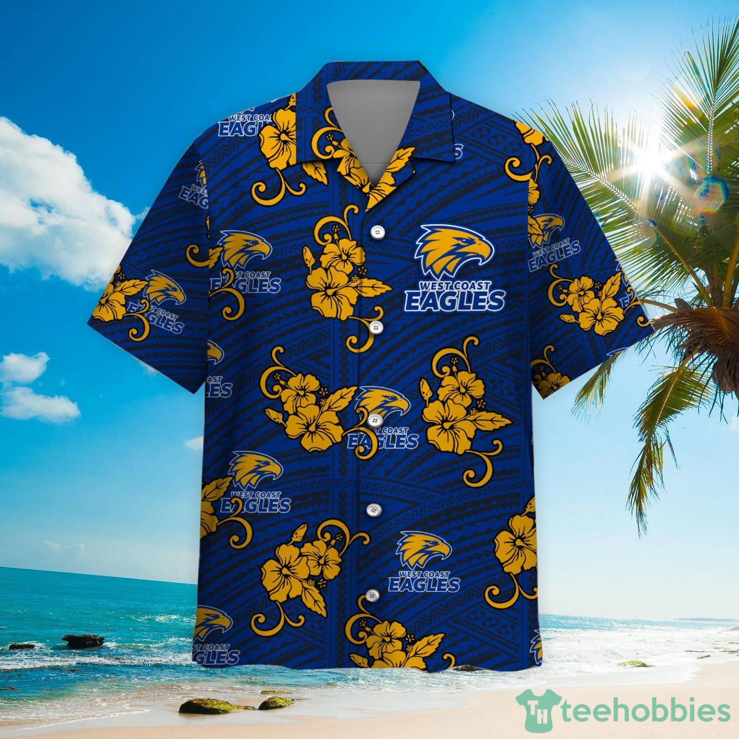 AFL West Coast Eagles Tribal Pattern Custom Name & Number Hawaiian Shirt Product Photo 2