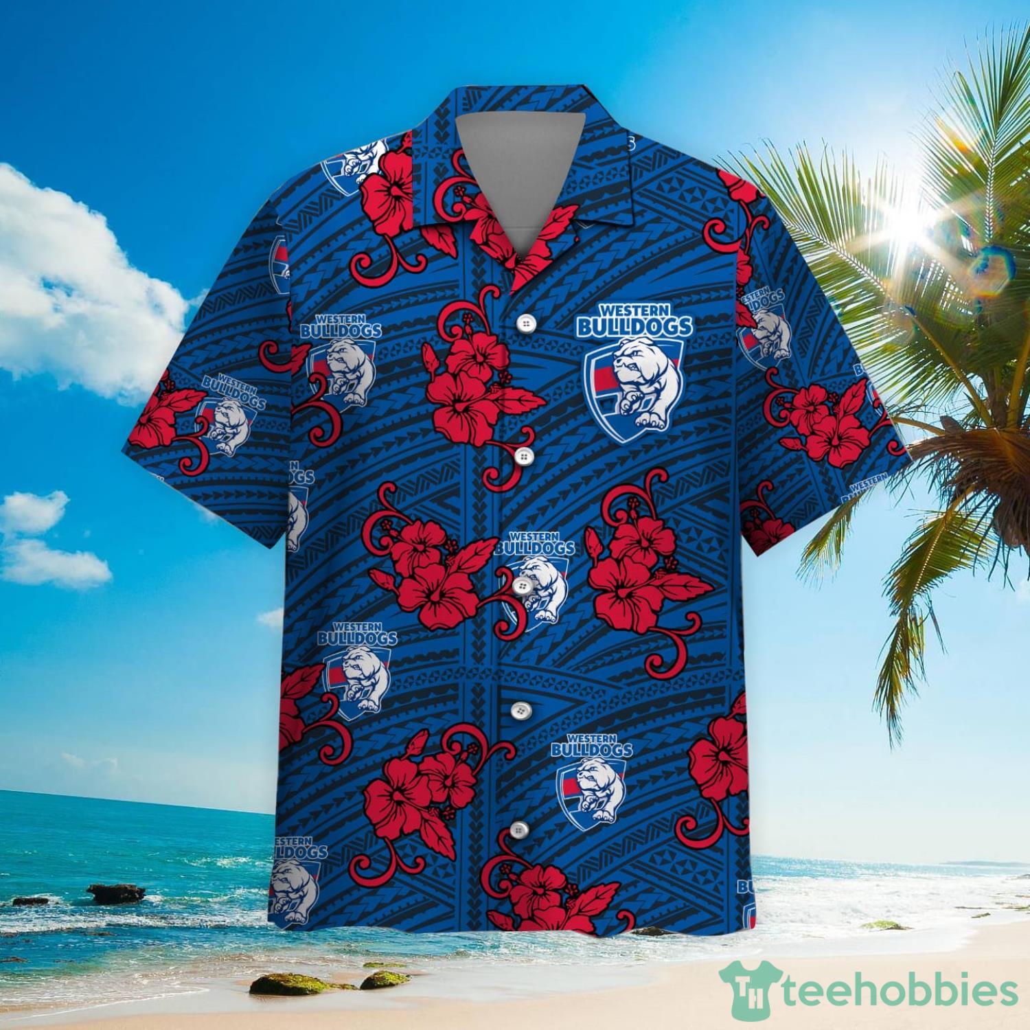 AFL Western Bulldogs Tribal Pattern Custom Name & Number Hawaiian Shirt Product Photo 2