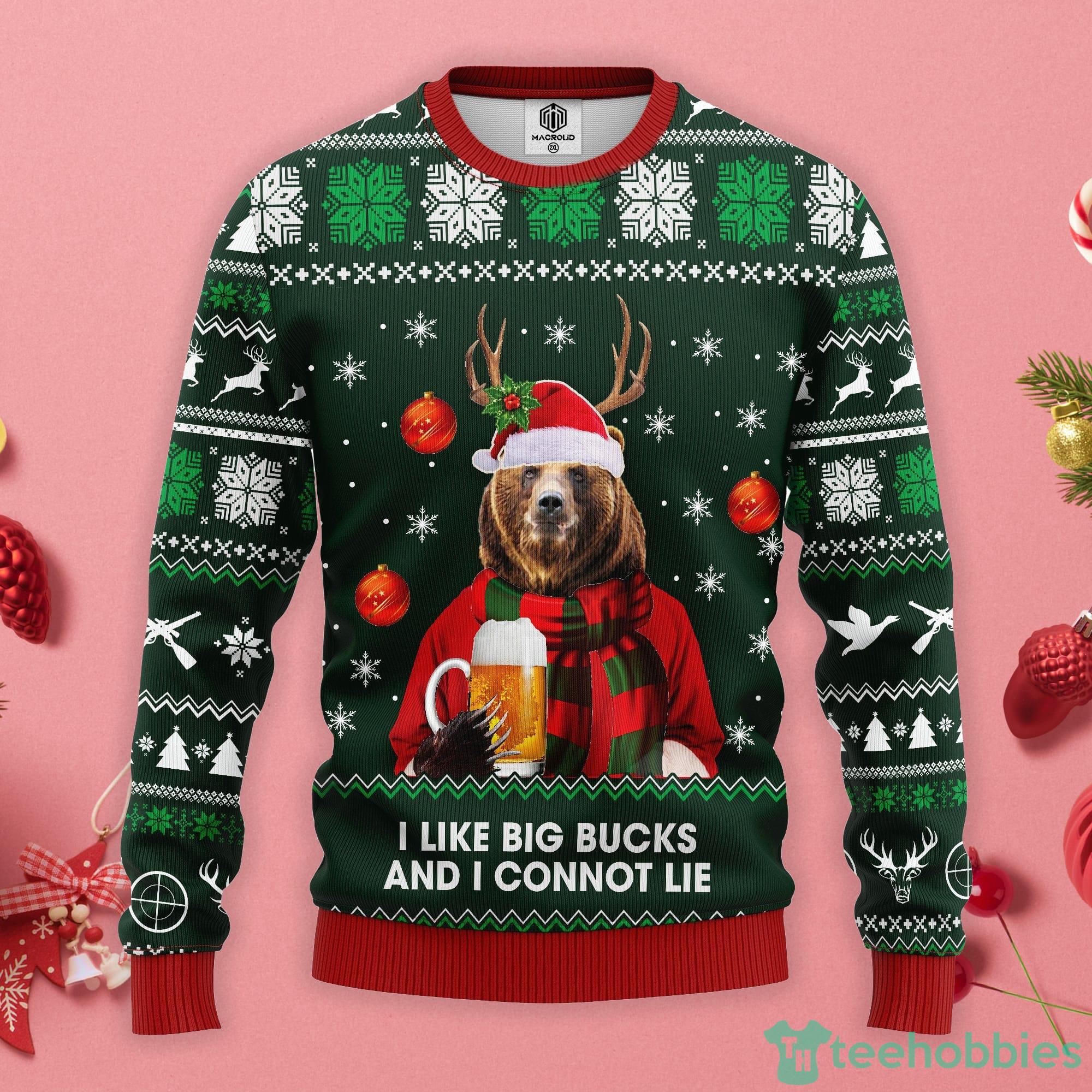 Beer Bear I Like Big Bucks And I Cannot Lie Ugly Christmas Sweater Product Photo 1