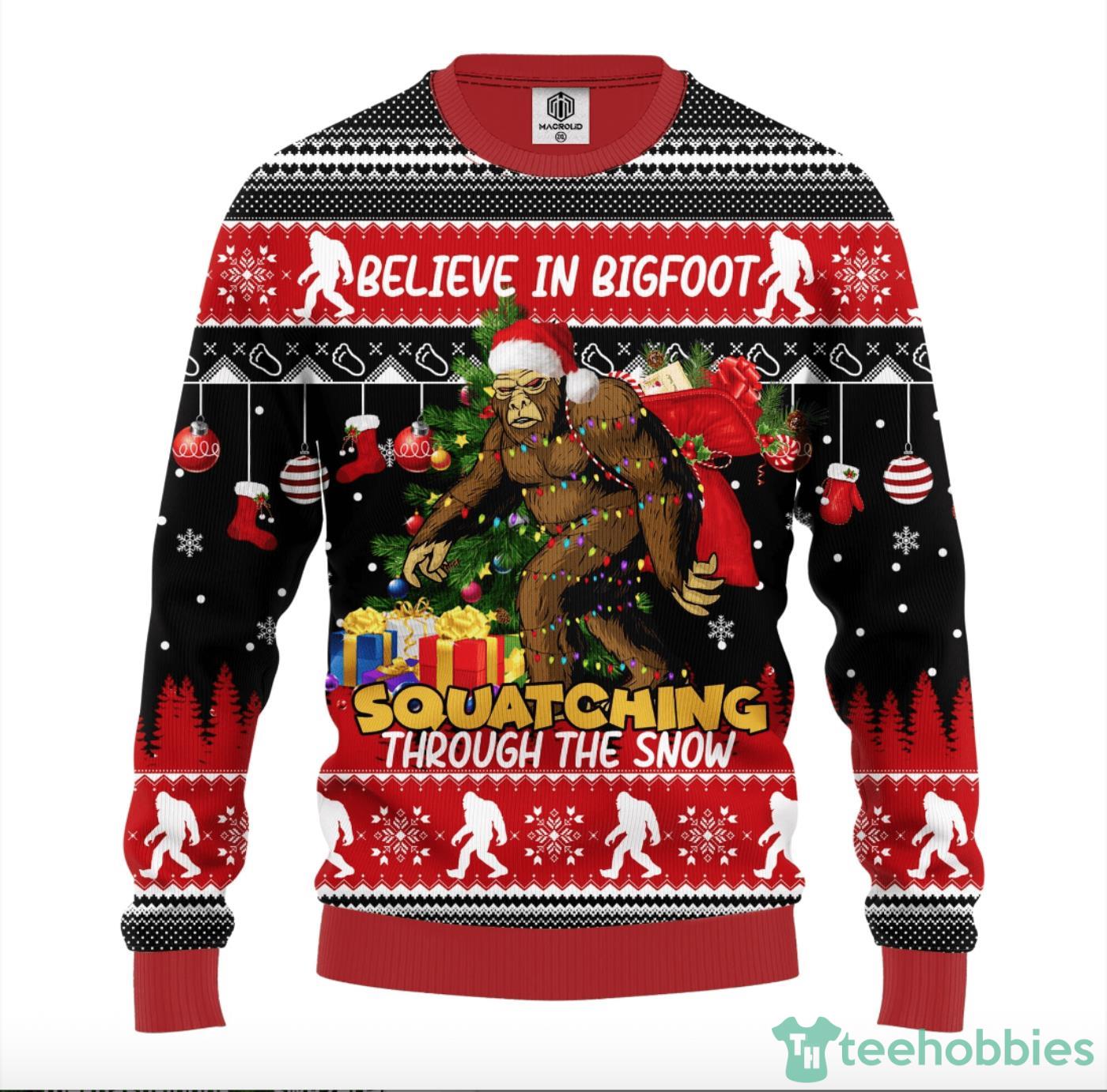 Bigfoot Belive In Bigfoot Squatching Through The Snow Ugly Christmas Sweater Product Photo 1