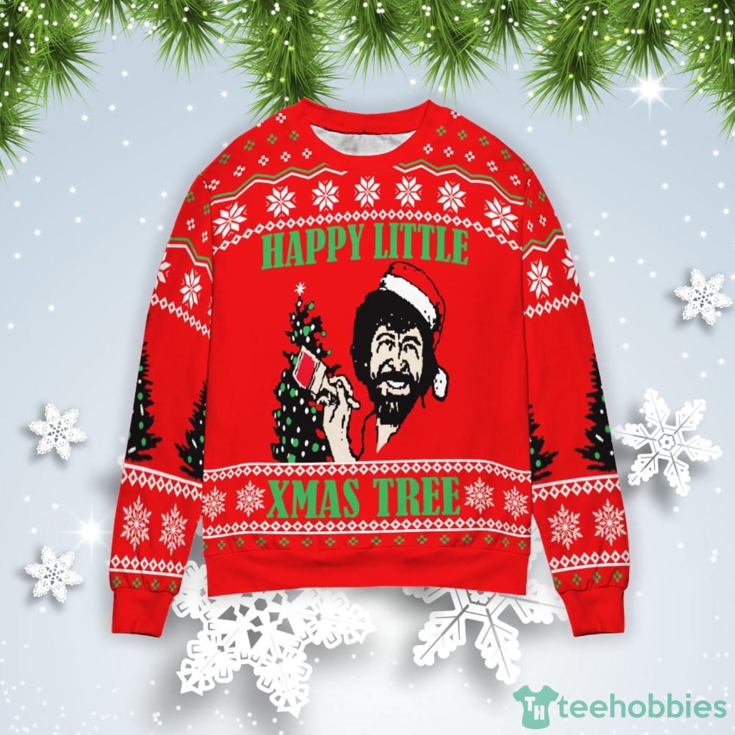 Bob Ross Happy Little Xmas Tree Christmas Gift Ugly Christmas Sweater Product Photo 1