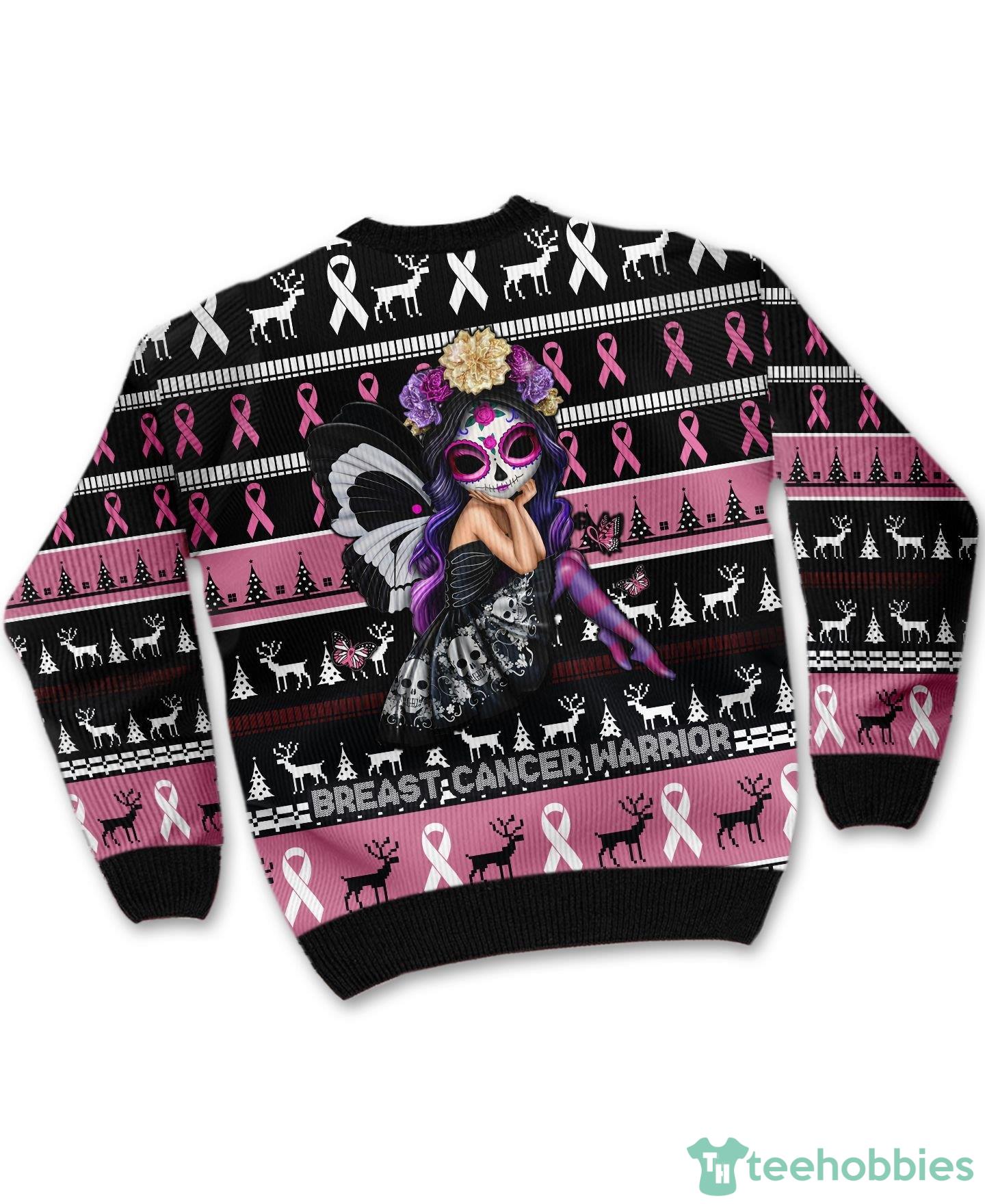 Breast Cancer Warrior With Pink Ribbons Christmas Gift Ugly Christmas  Sweater