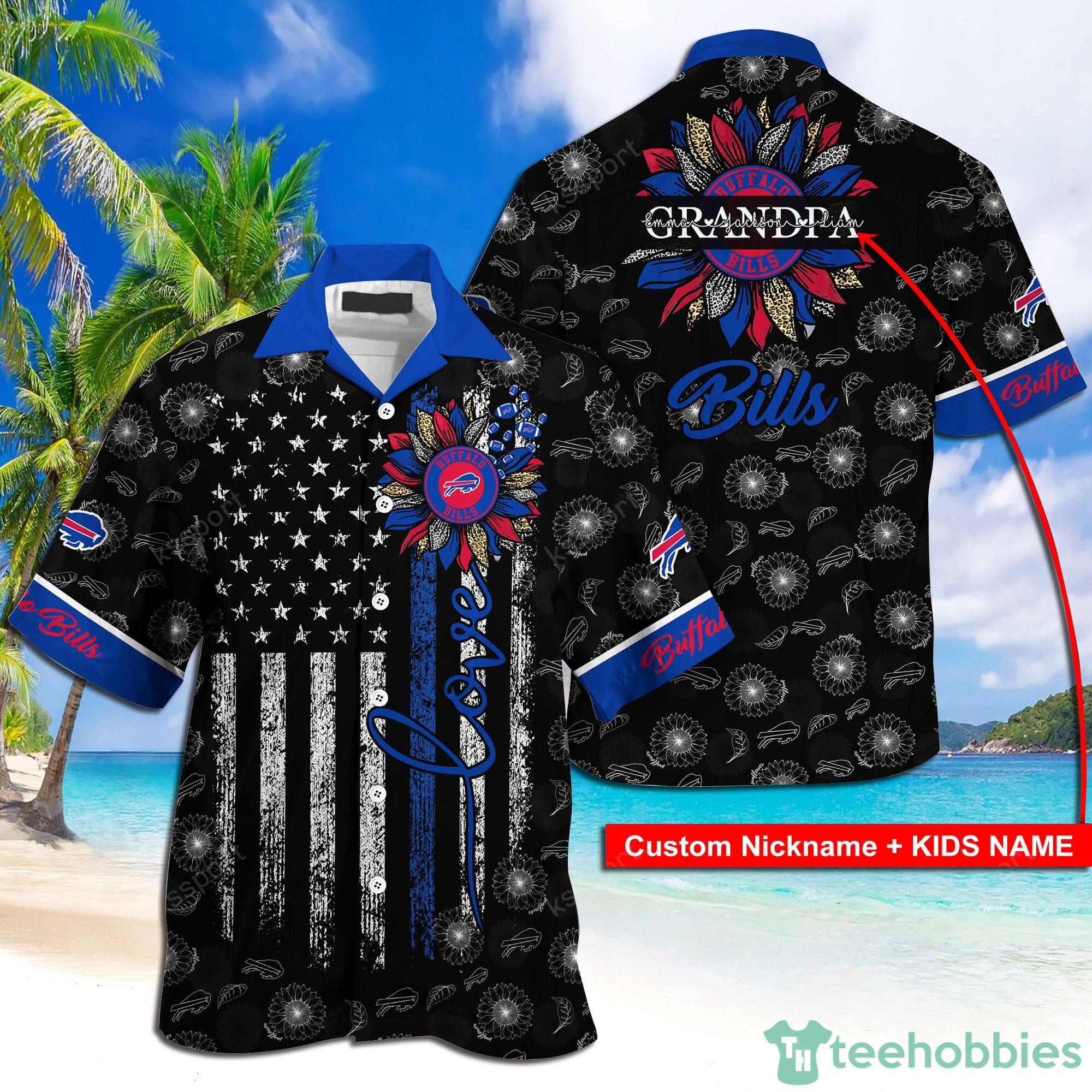 Buffalo Bills NFL Custom Name Sunflowers And American Flag Hawaiian Shirt Product Photo 1