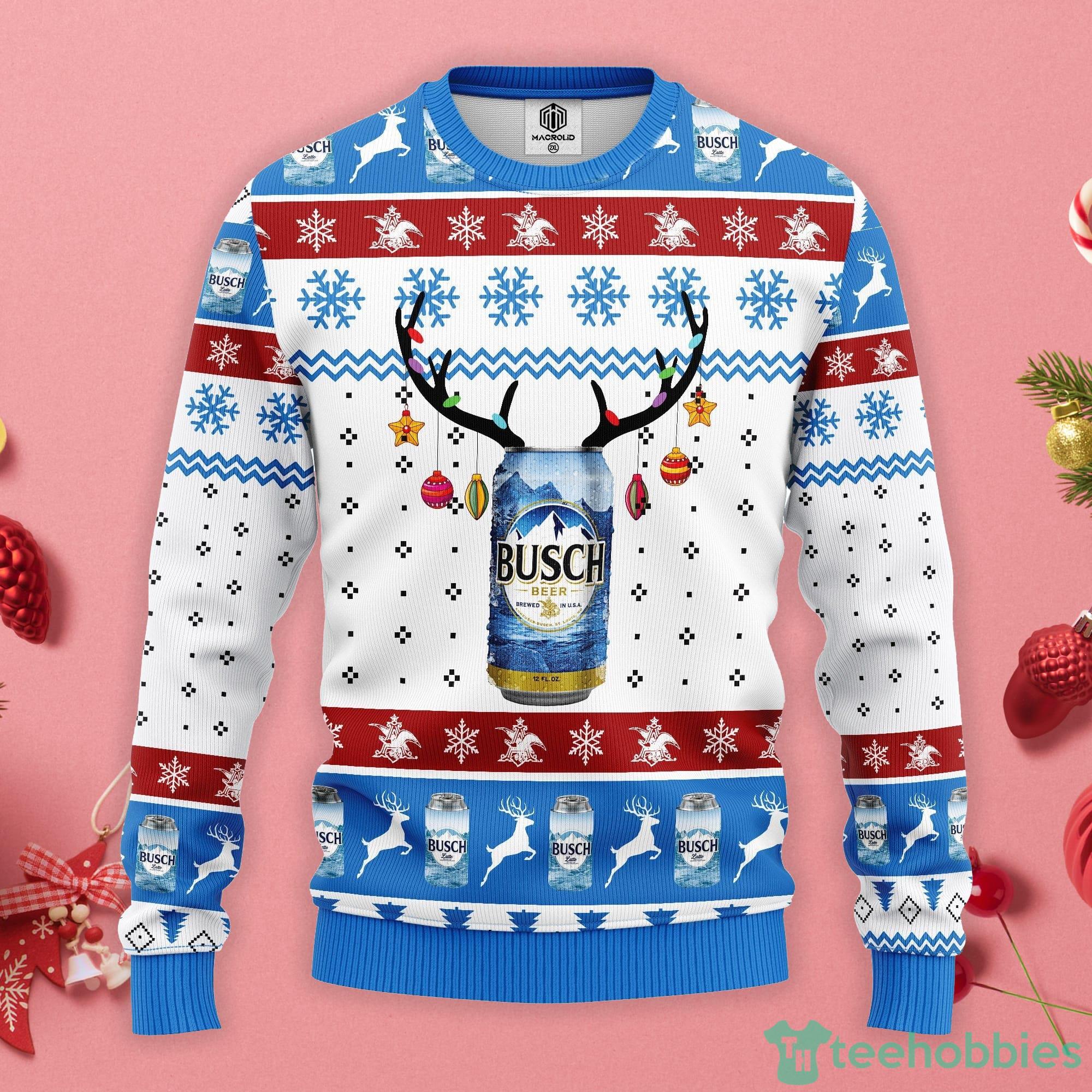 Busch Beer Reindeer Blue White Ugly Christmas Sweater Product Photo 1
