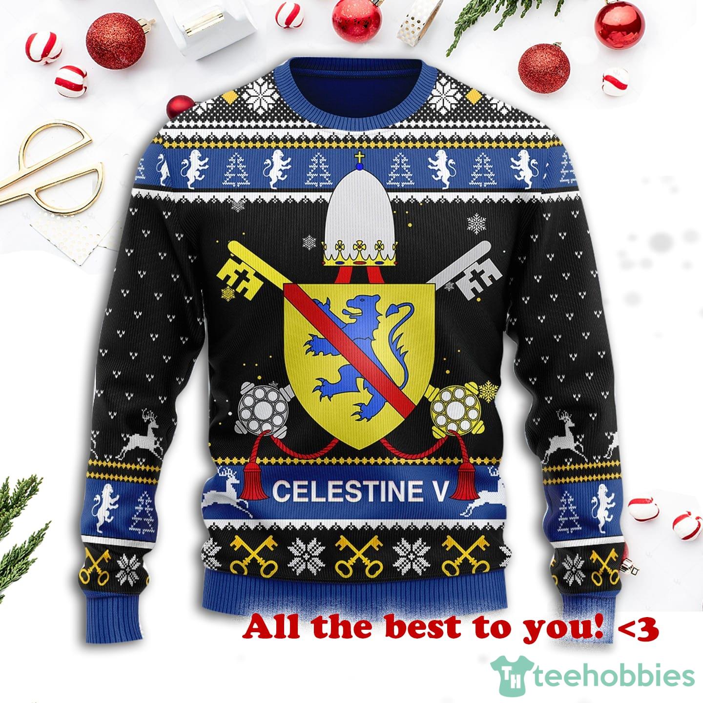 Celestine V Coat Of Arms Christmas Ugly Sweater Product Photo 1 Celestine V Coat Of Arms Christmas Ugly Sweater Product Photo 1