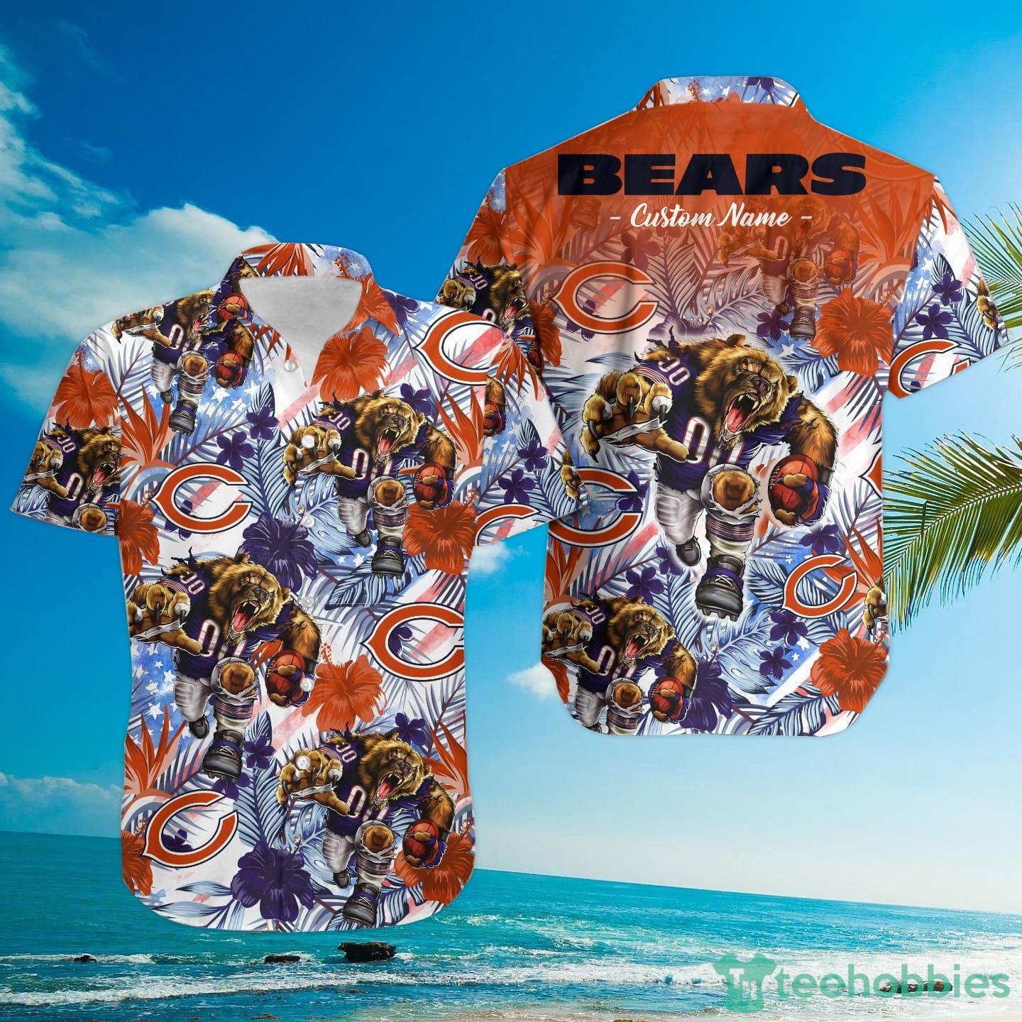 Chicago Bears Tropical Floral America Flag Custom Name Hawaiian Shirt