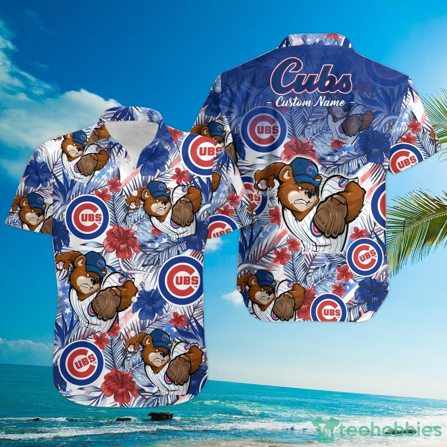 Chicago Cubs Tropical Floral America Flag Custom Name Hawaiian Shirt