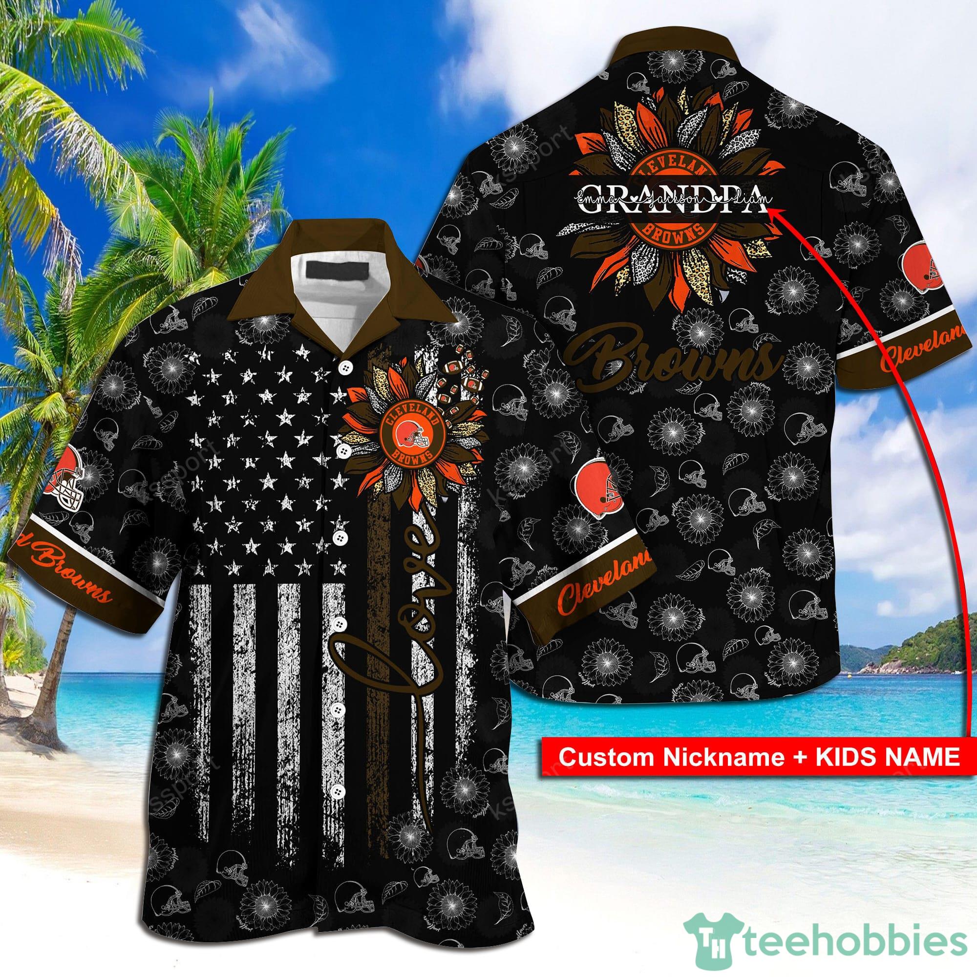 Cleveland Browns NFL Custom Name Sunflowers And American Flag Hawaiian Shirt Product Photo 1