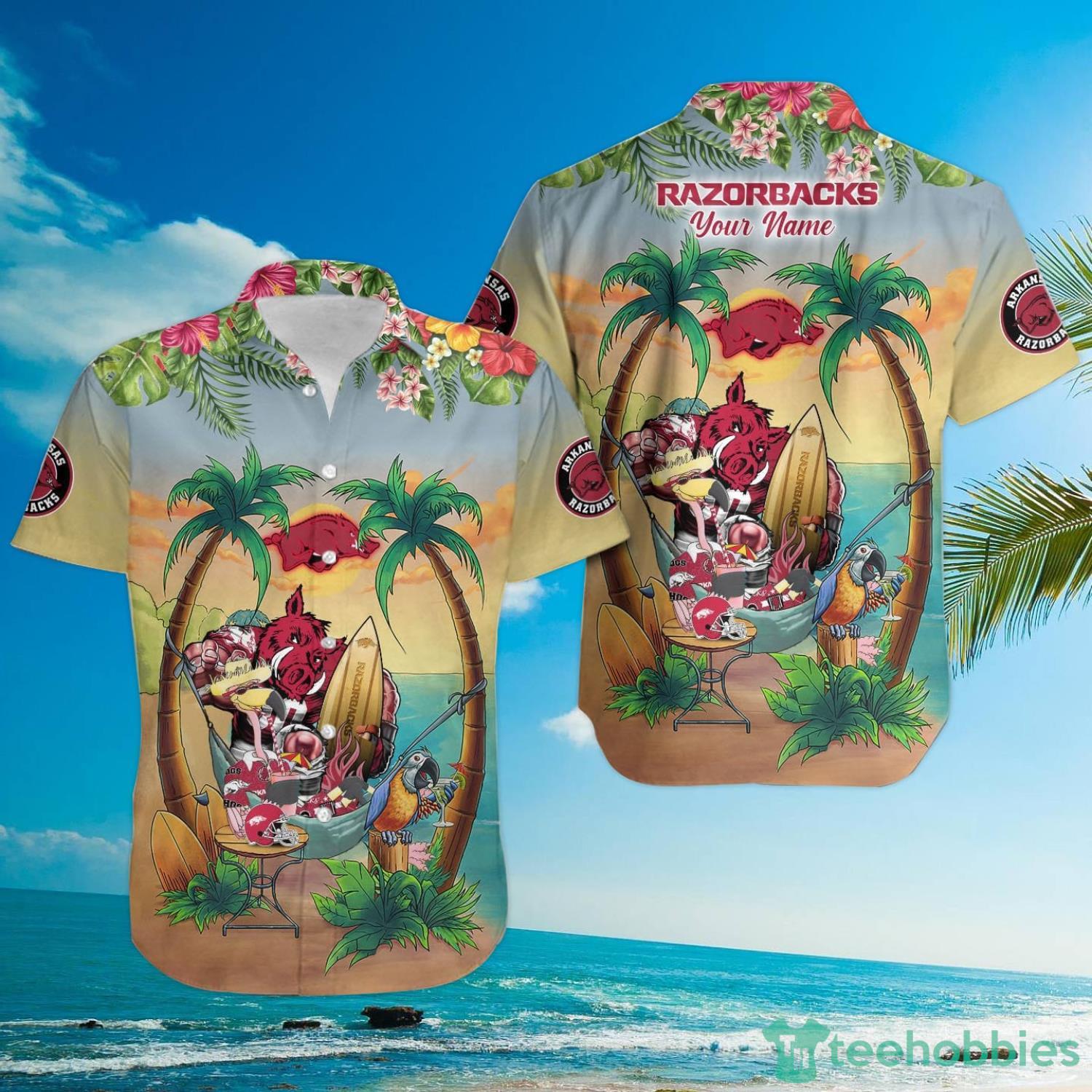 Custom Name Arkansas Razorbacks With Flamingo Parrot Tropical Beach Coconut Tree Hawaiian Shirt Product Photo 3
