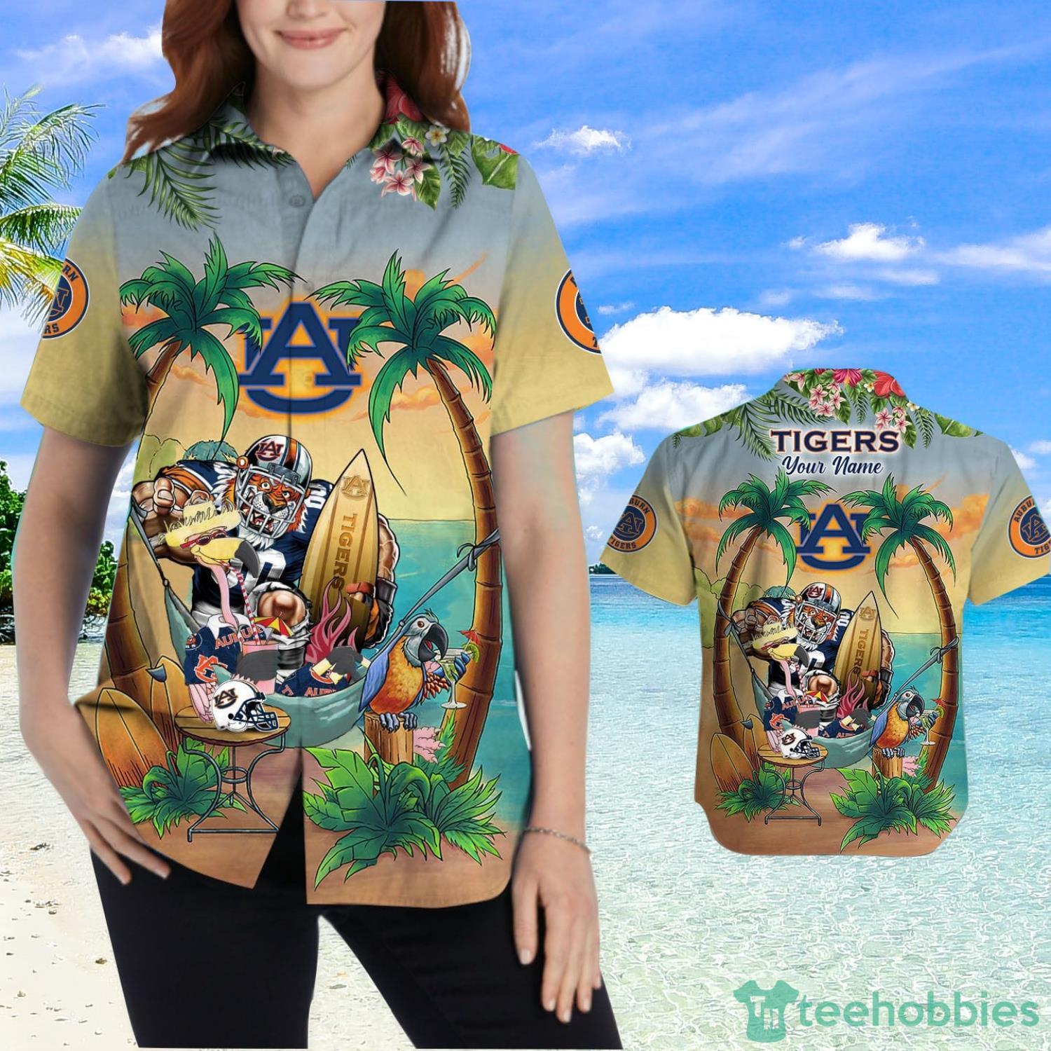Custom Name Auburn Tigers With Flamingo Parrot Tropical Beach Coconut Tree Hawaiian Shirt Product Photo 2