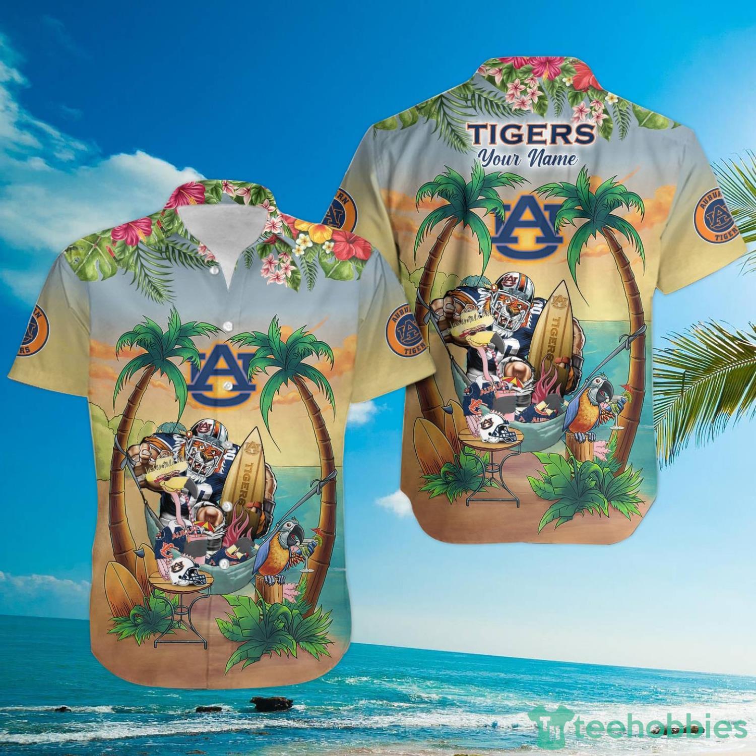 Custom Name Auburn Tigers With Flamingo Parrot Tropical Beach Coconut Tree Hawaiian Shirt Product Photo 3