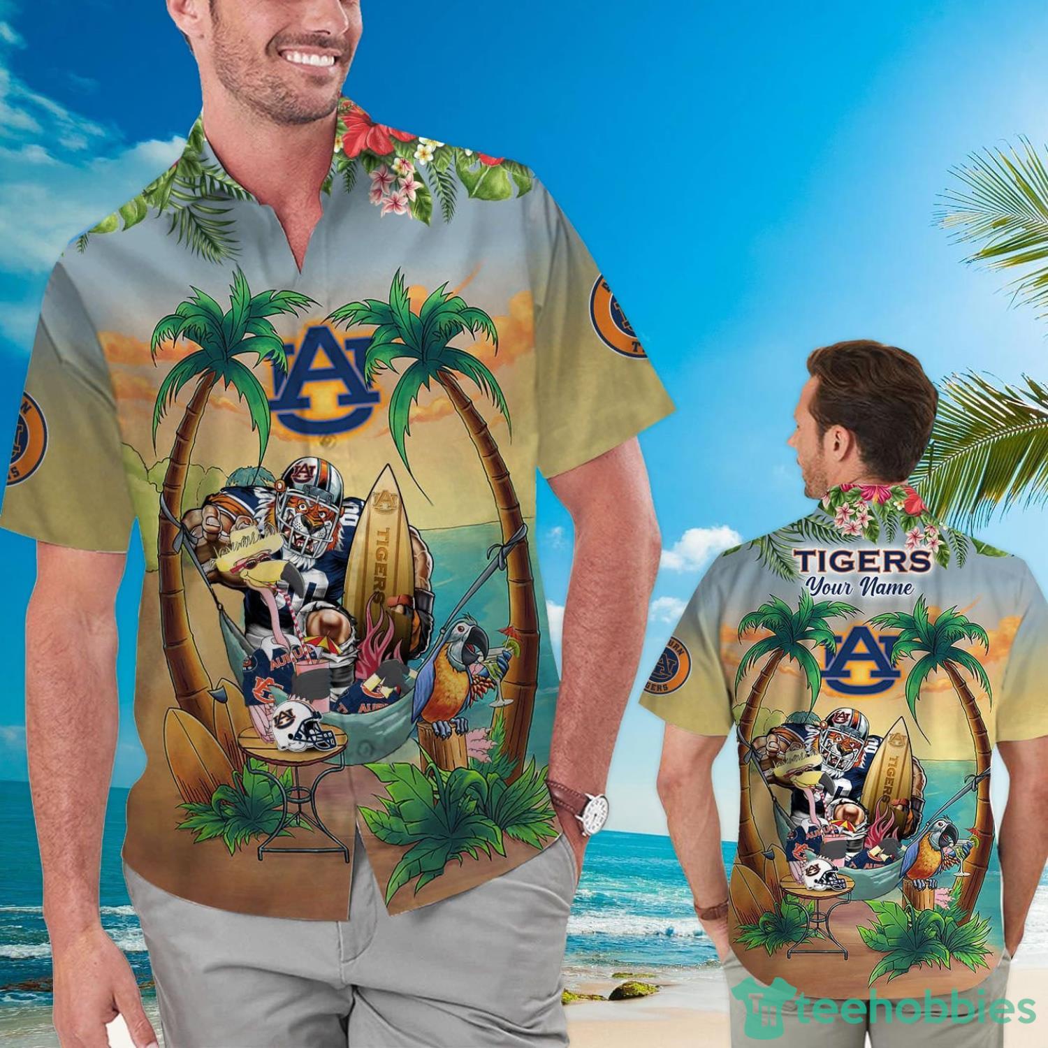 Custom Name Auburn Tigers With Flamingo Parrot Tropical Beach Coconut Tree Hawaiian Shirt Product Photo 1