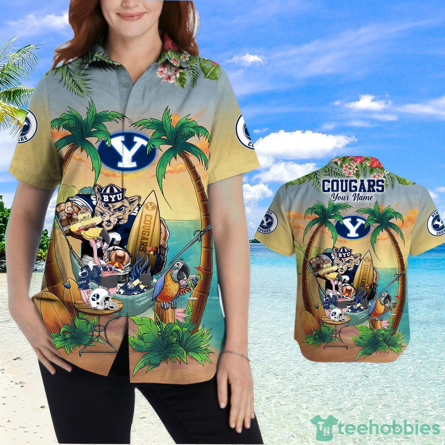 Custom Name BYU Cougars With Flamingo Parrot Tropical Beach Coconut Tree Hawaiian Shirt Product Photo 2
