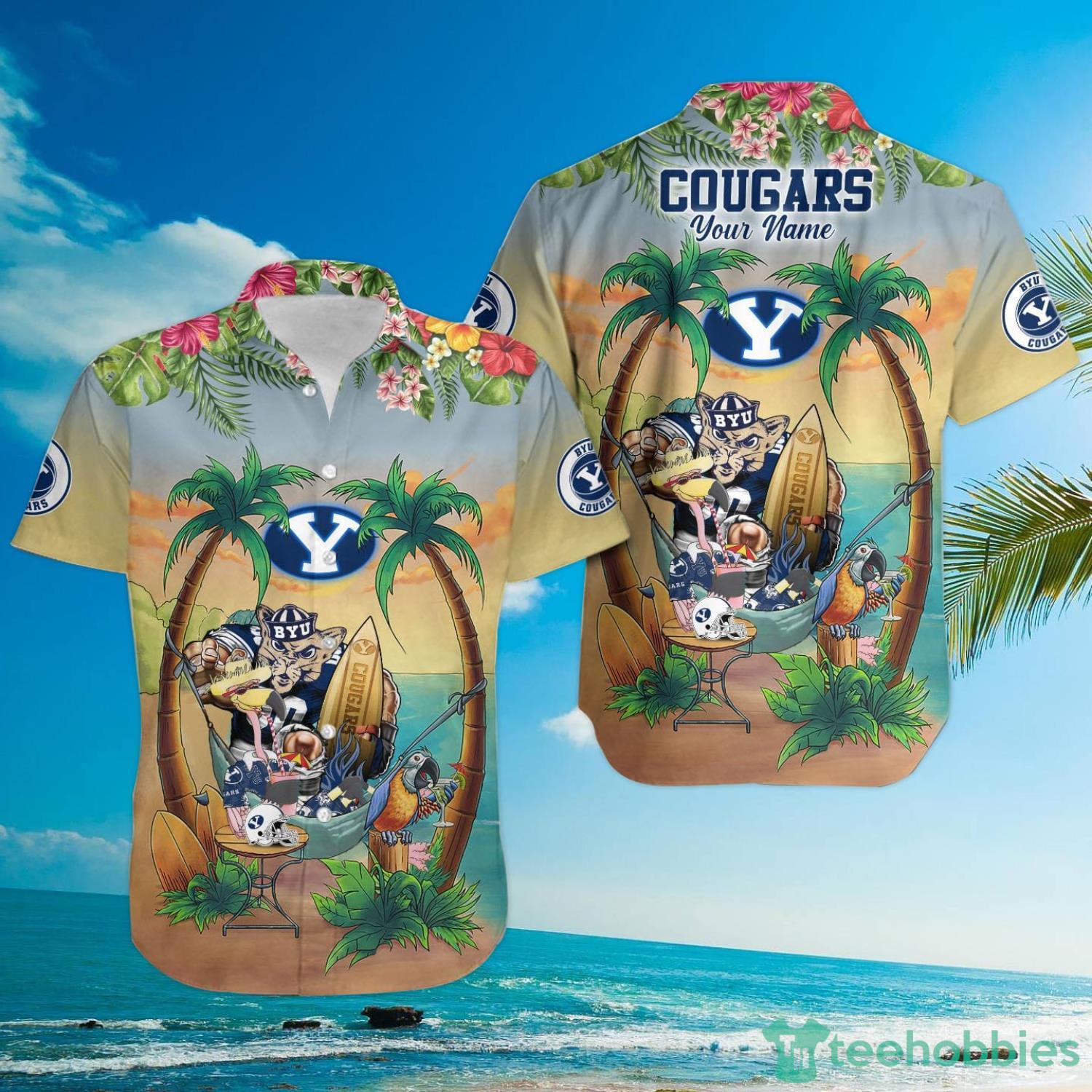 Custom Name BYU Cougars With Flamingo Parrot Tropical Beach Coconut Tree Hawaiian Shirt Product Photo 3