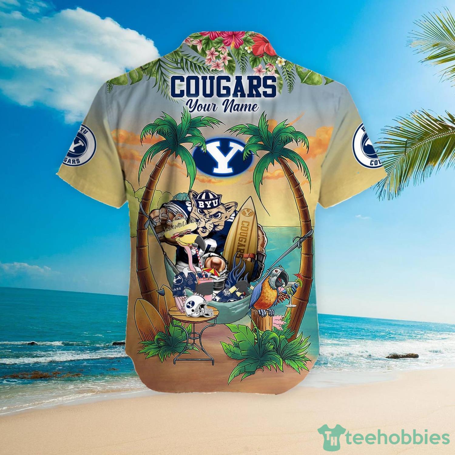 Custom Name BYU Cougars With Flamingo Parrot Tropical Beach Coconut Tree Hawaiian Shirt Product Photo 5
