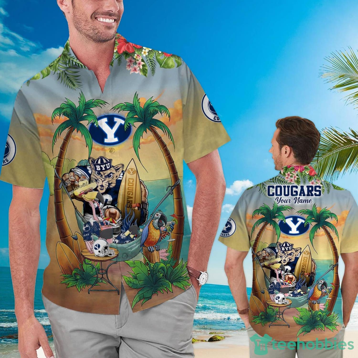 Custom Name BYU Cougars With Flamingo Parrot Tropical Beach Coconut Tree Hawaiian Shirt Product Photo 1