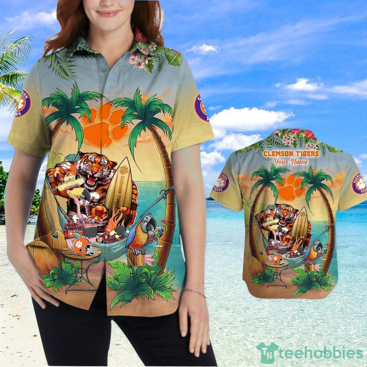 Custom Name Clemson Tigers With Flamingo Parrot Tropical Beach Coconut Tree Hawaiian Shirt Product Photo 2