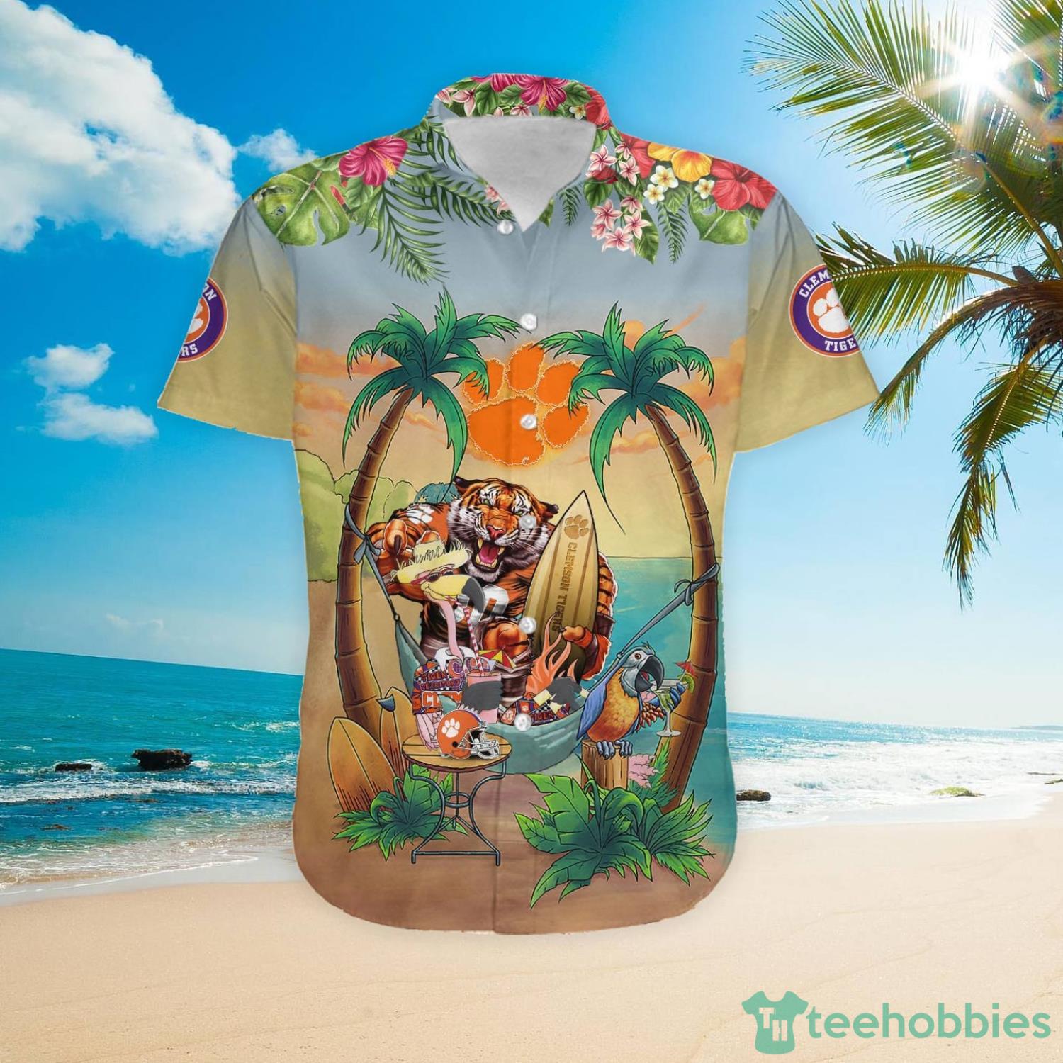 Custom Name Clemson Tigers With Flamingo Parrot Tropical Beach Coconut Tree Hawaiian Shirt Product Photo 4