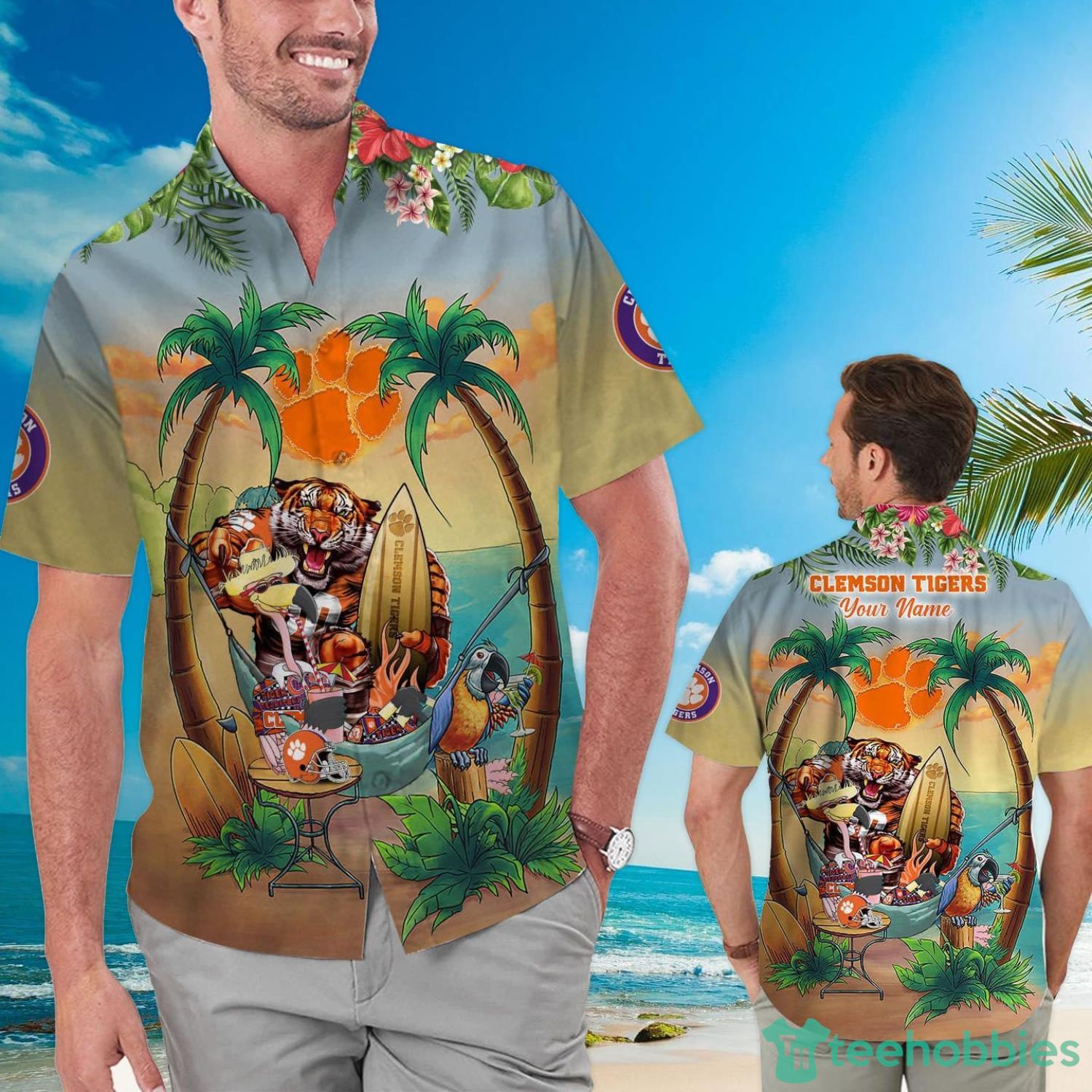 Custom Name Clemson Tigers With Flamingo Parrot Tropical Beach Coconut Tree Hawaiian Shirt Product Photo 1